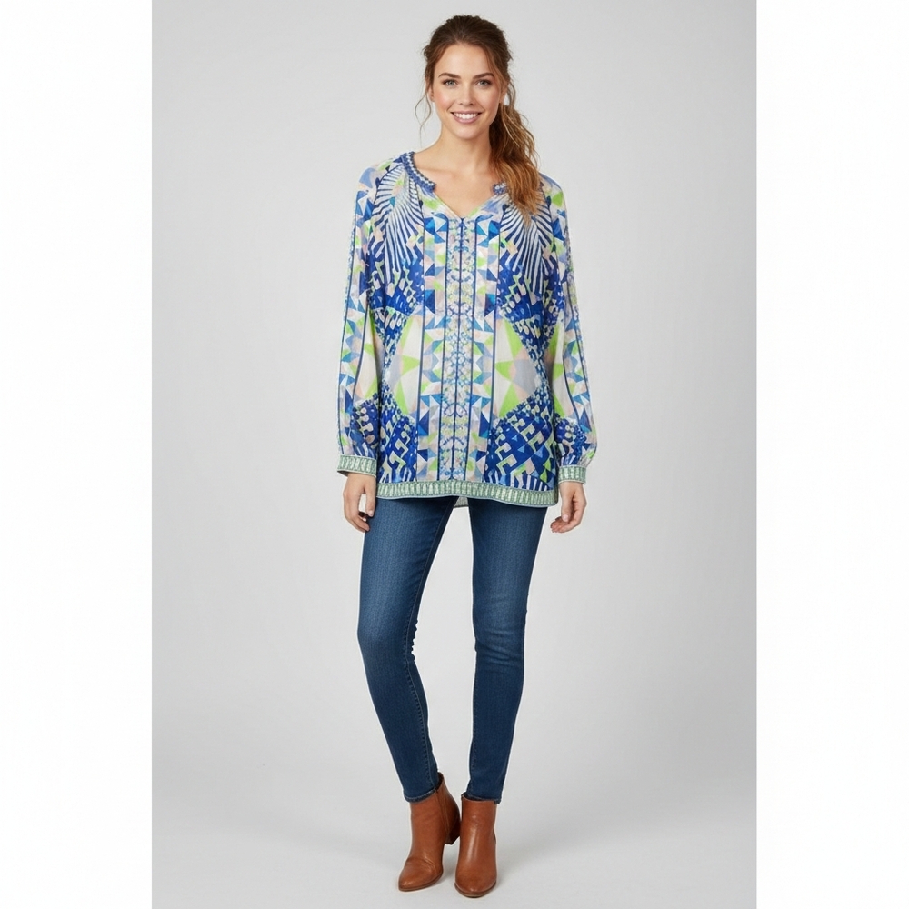 Hale Bob Sheer Beaded V-Neck Geometric Print Blouse XS